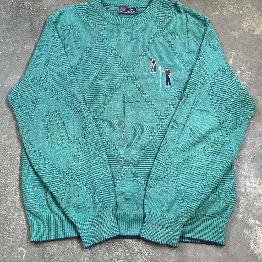 Vintage Isle of Cotton Golf Knit Sweater Mens Large Green Blue USA Made 90s